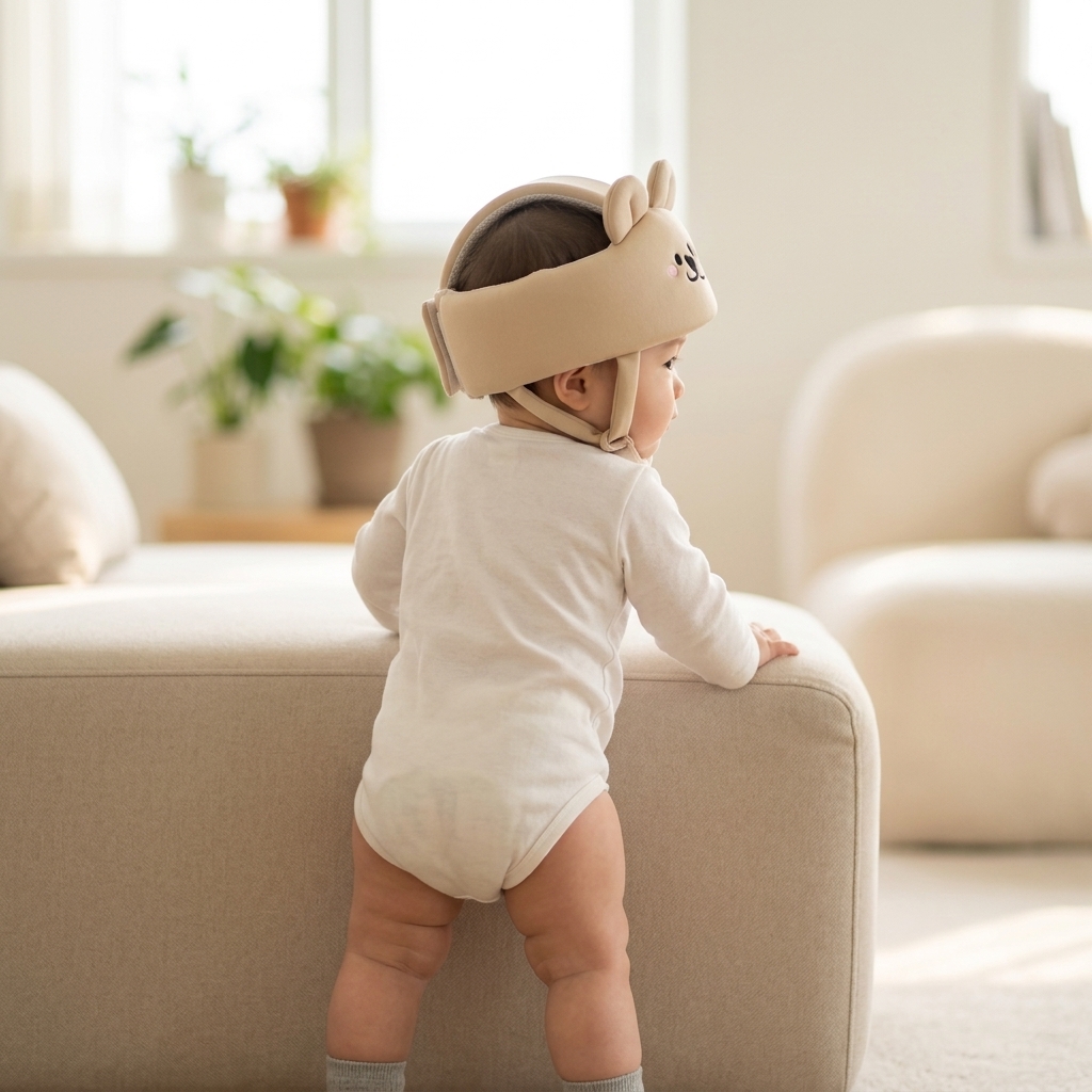 Baby standing by couch wearing LittleGuard