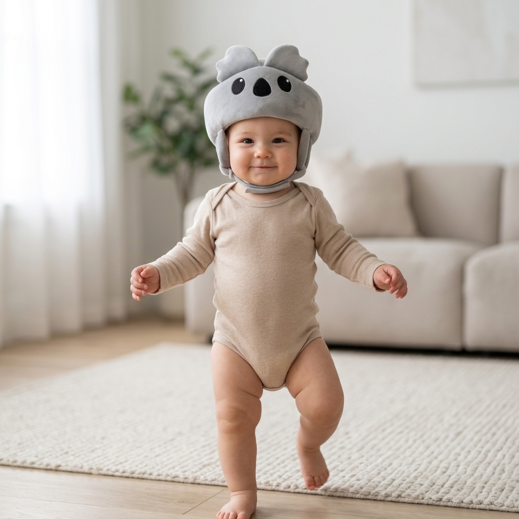 Smiling baby walking with LittleGuard helmet